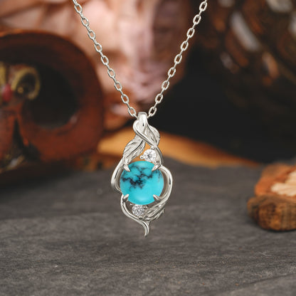 Leaf Themed Round Cut Turquoise Pendant Necklace Anniversary Gifts For Women