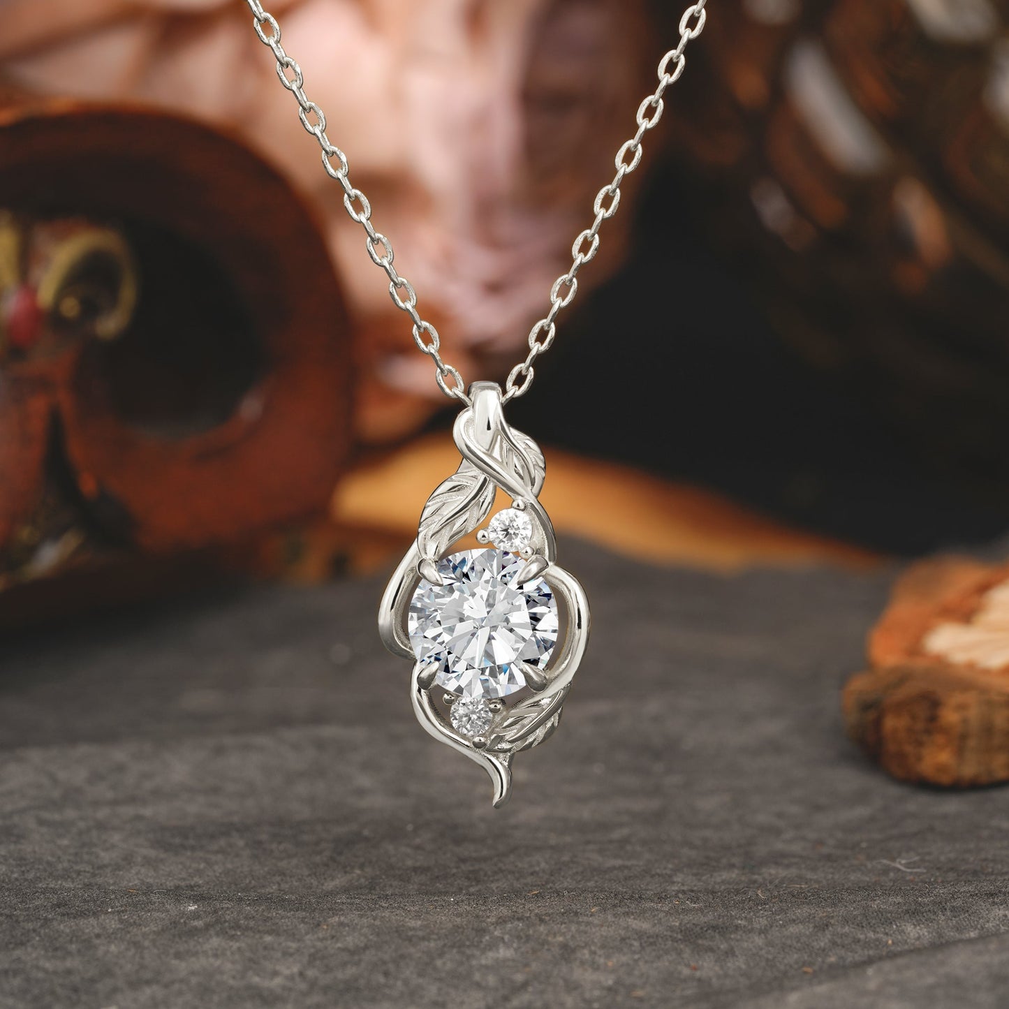 Leaf Themed Round Cut Lab Diamond Pendant Necklace Anniversary Gifts For Women