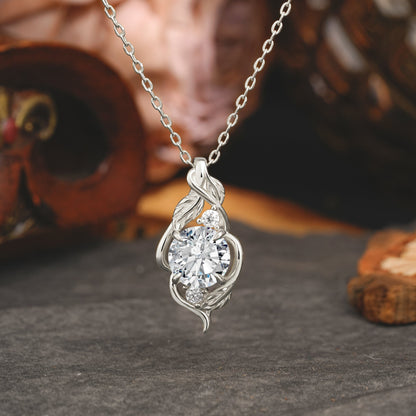 Leaf Themed Round Cut Lab Diamond Pendant Necklace Anniversary Gifts For Women