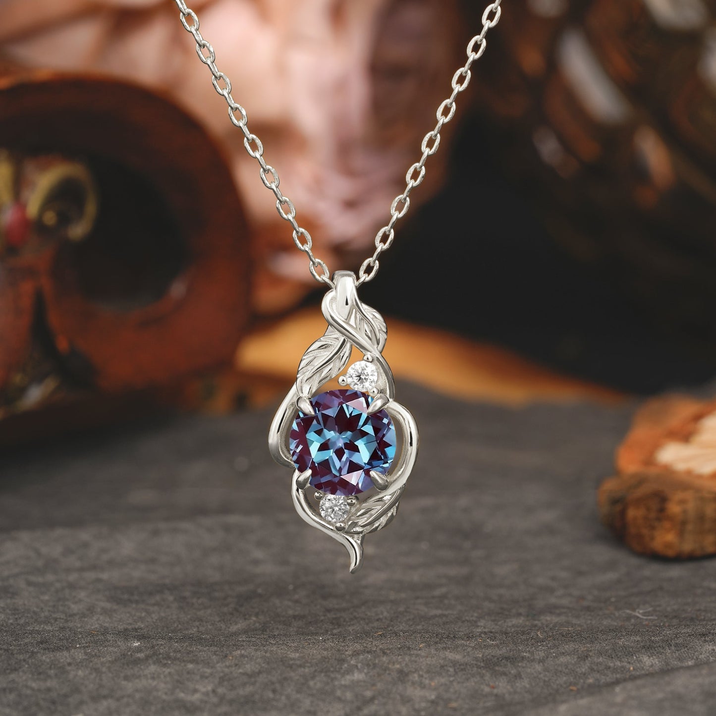 Leaf Themed Round Cut Alexandrite Pendant Necklace Anniversary Gifts For Women