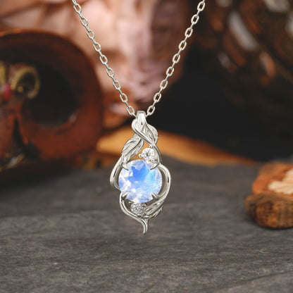 Leaf Themed Round Cut Moonstone Pendant Necklace Anniversary Gifts For Women