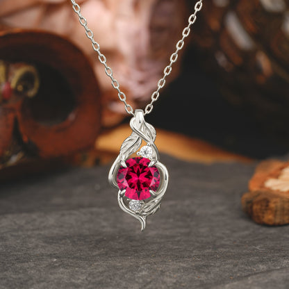 Leaf Themed Round Cut Ruby Pendant Necklace Anniversary Gifts For Women