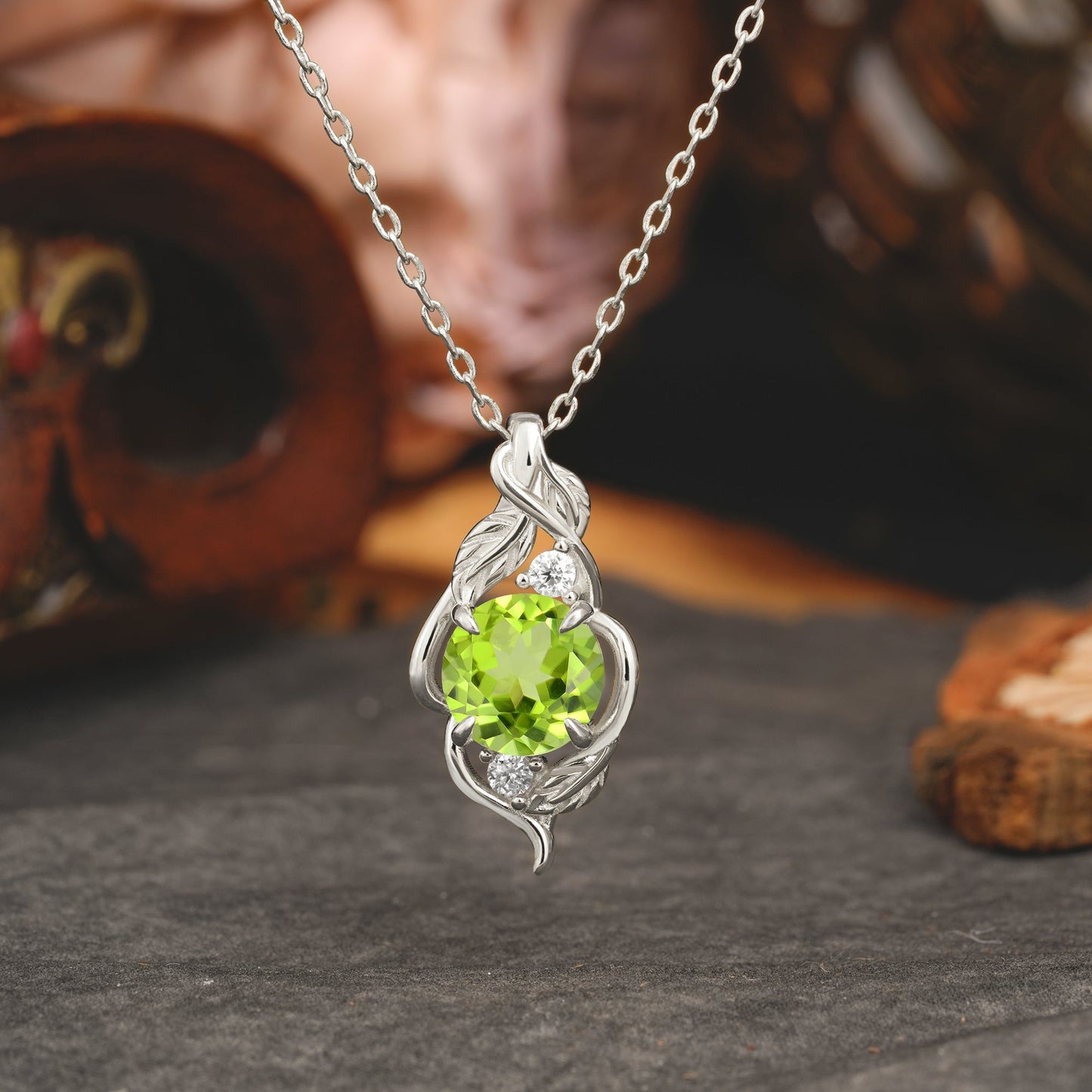 Leaf Themed Round Cut Peridot Pendant Necklace Anniversary Gifts For Women