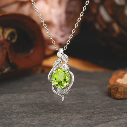 Leaf Themed Round Cut Peridot Pendant Necklace Anniversary Gifts For Women