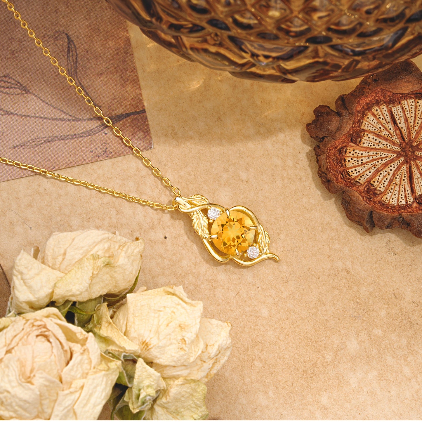 Leaf Themed Round Cut Citrine Pendant Necklace Anniversary Gifts For Women