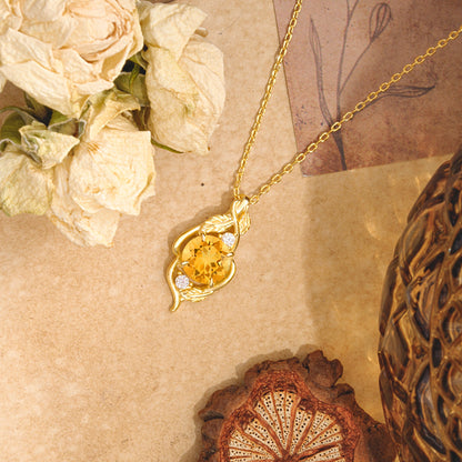 Leaf Themed Round Cut Citrine Pendant Necklace Anniversary Gifts For Women