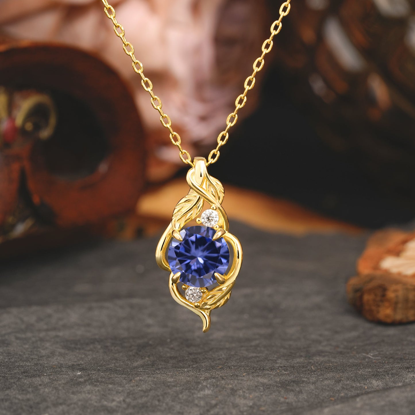 Leaf Themed Round Cut Tanzanite Pendant Necklace Anniversary Gifts For Women