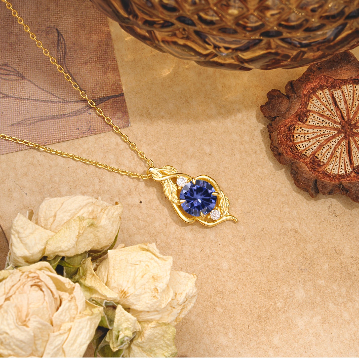 Leaf Themed Round Cut Tanzanite Pendant Necklace Anniversary Gifts For Women
