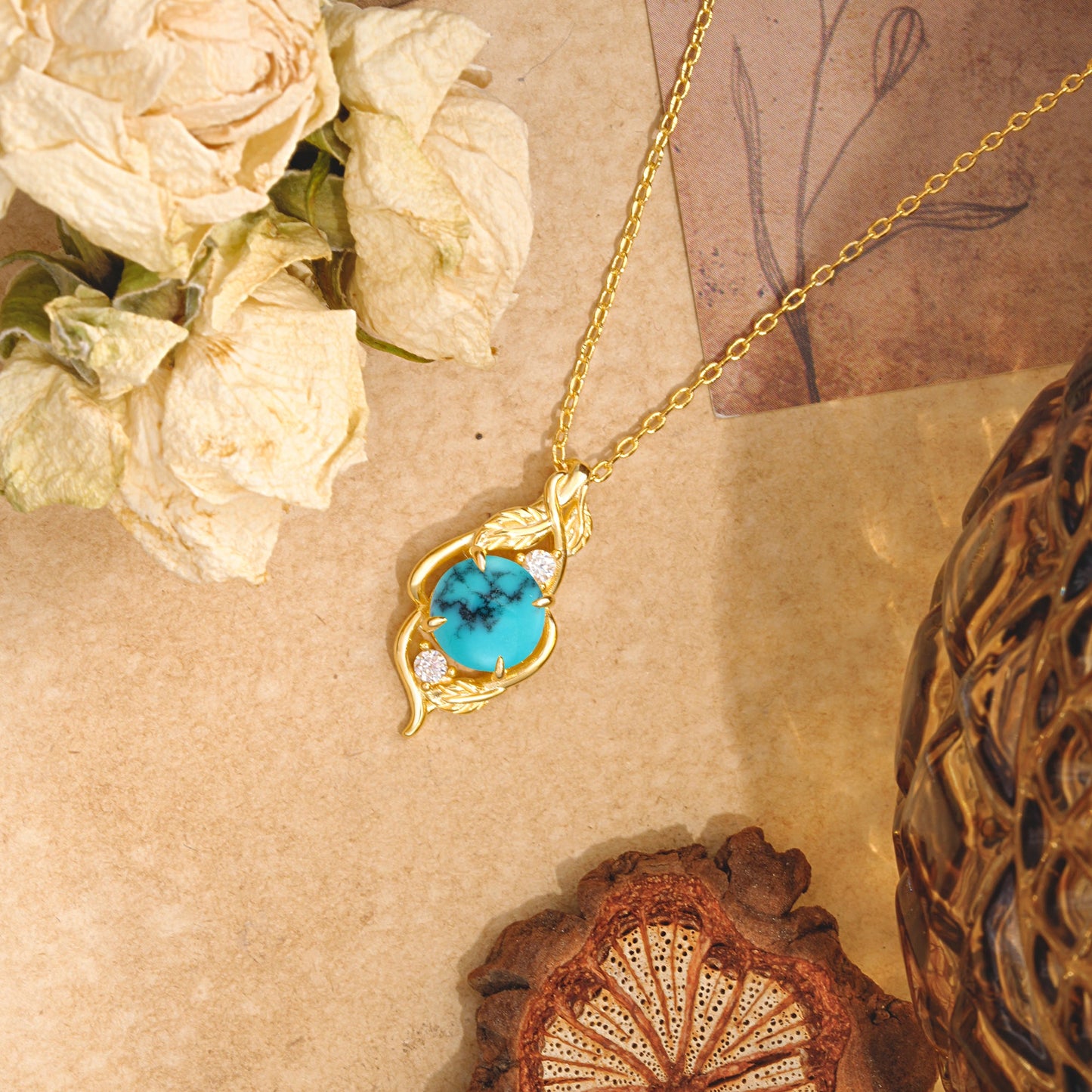 Leaf Themed Round Cut Turquoise Pendant Necklace Anniversary Gifts For Women
