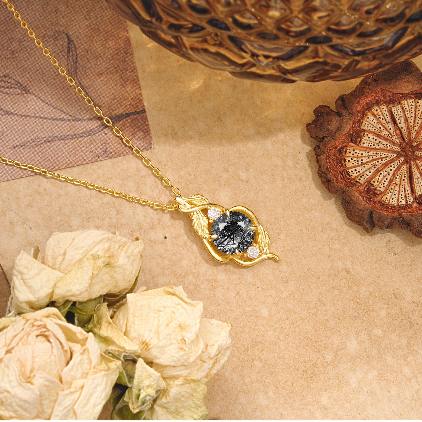 Leaf Themed Round Cut Black Rutilated Quartz Pendant Necklace Anniversary Gifts For Women