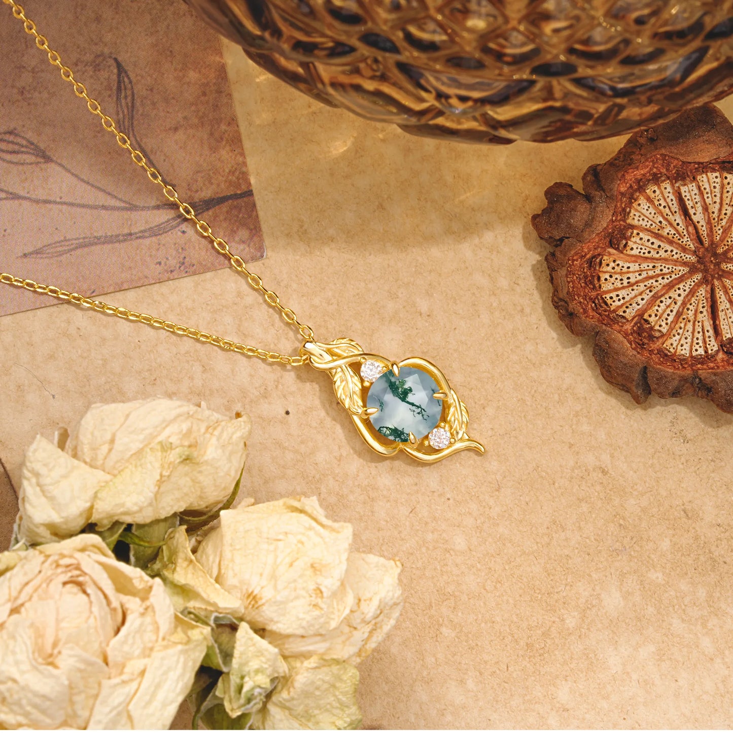 Leaf Themed Round Cut Moss Agate Pendant Necklace Anniversary Gifts For Women