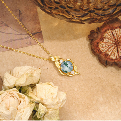 Leaf Themed Round Cut Moss Agate Pendant Necklace Anniversary Gifts For Women