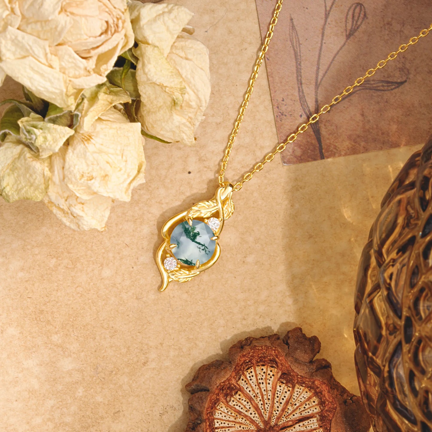 Leaf Themed Round Cut Moss Agate Pendant Necklace Anniversary Gifts For Women