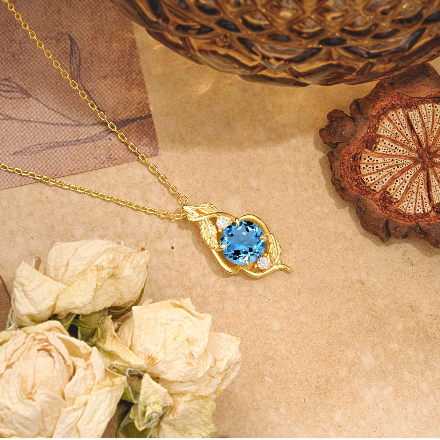 Leaf Themed Round Cut Aquamarine Pendant Necklace Anniversary Gifts For Women