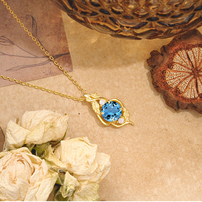Leaf Themed Round Cut Aquamarine Pendant Necklace Anniversary Gifts For Women