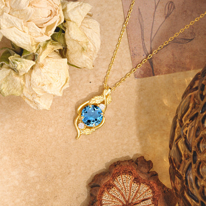 Leaf Themed Round Cut Aquamarine Pendant Necklace Anniversary Gifts For Women