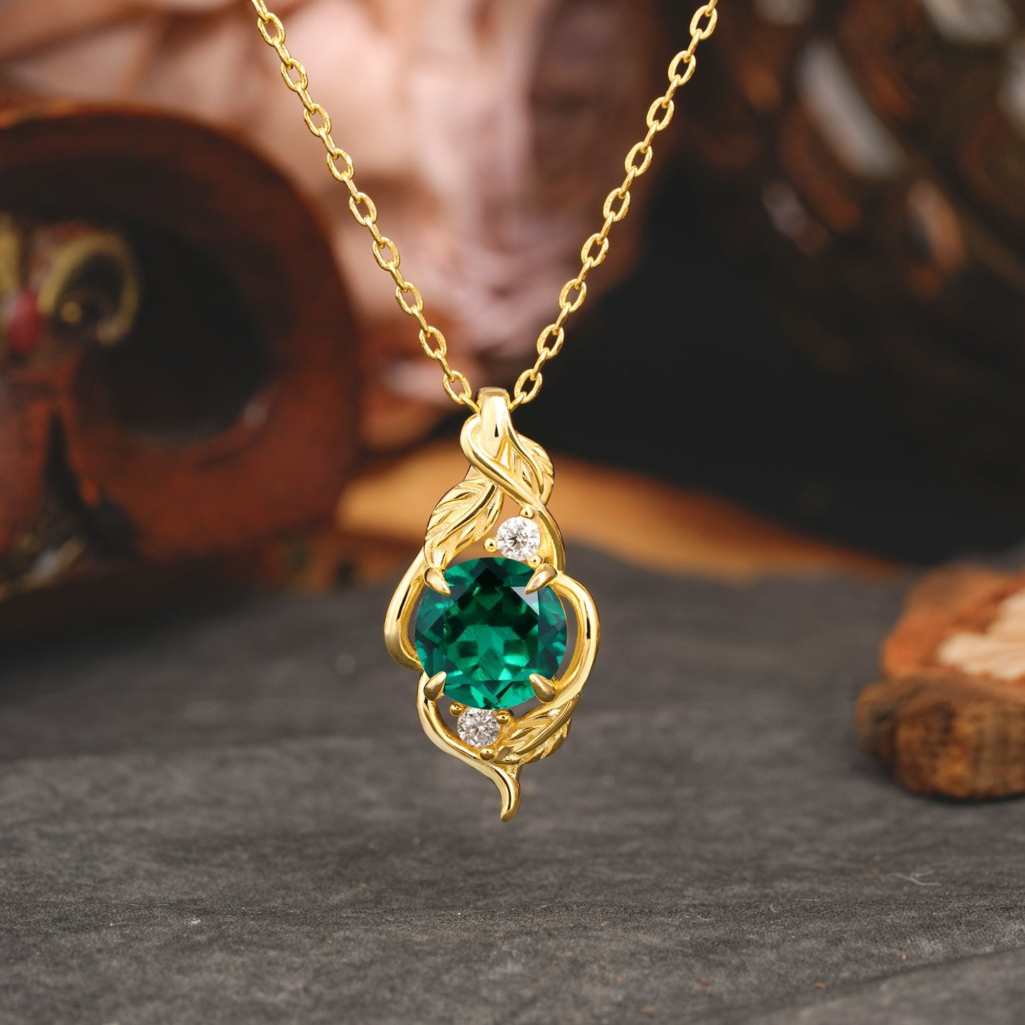 Leaf Themed Round Cut Emerald Pendant Necklace Anniversary Gifts For Women