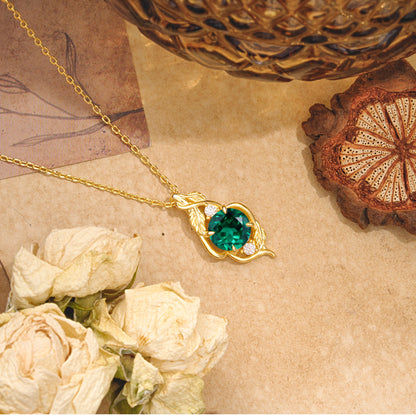Leaf Themed Round Cut Emerald Pendant Necklace Anniversary Gifts For Women