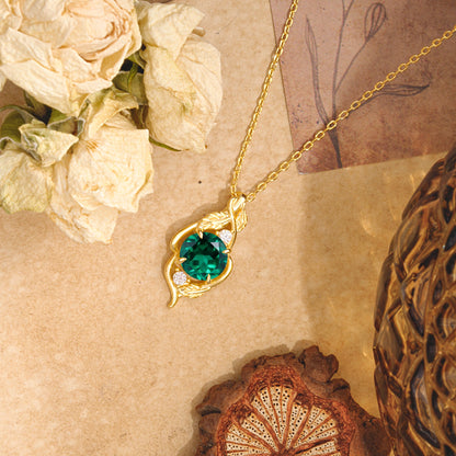Leaf Themed Round Cut Emerald Pendant Necklace Anniversary Gifts For Women