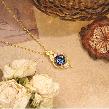 Leaf Themed Round Cut Alexandrite Pendant Necklace Anniversary Gifts For Women