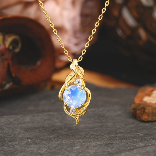 Leaf Themed Round Cut Moonstone Pendant Necklace Anniversary Gifts For Women