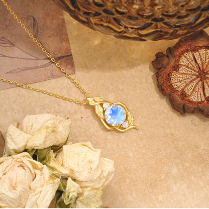 Leaf Themed Round Cut Moonstone Pendant Necklace Anniversary Gifts For Women