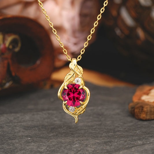 Leaf Themed Round Cut Ruby Pendant Necklace Anniversary Gifts For Women