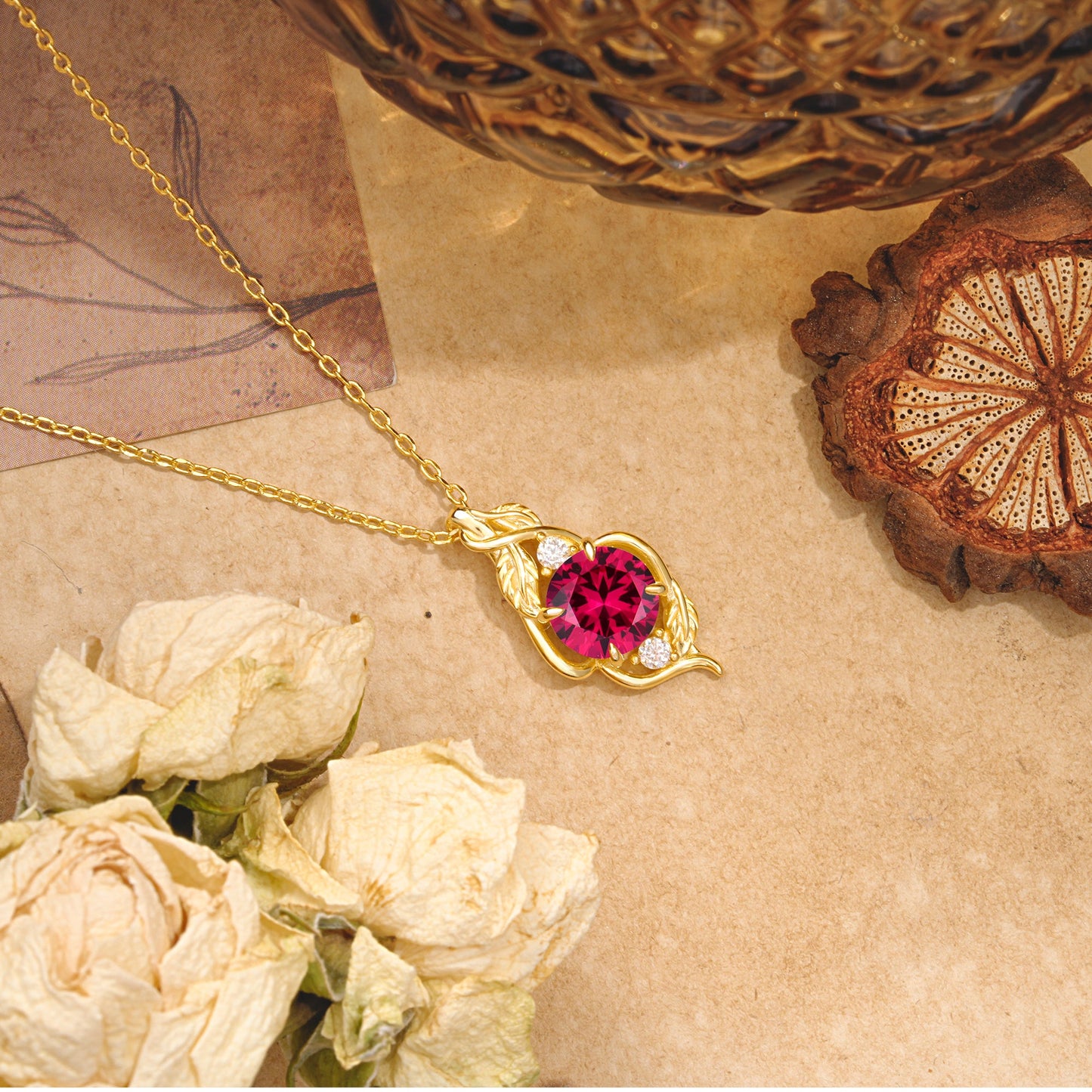 Leaf Themed Round Cut Ruby Pendant Necklace Anniversary Gifts For Women