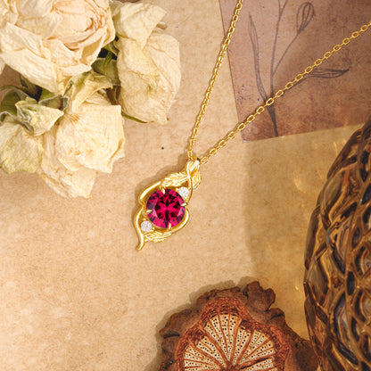 Leaf Themed Round Cut Ruby Pendant Necklace Anniversary Gifts For Women
