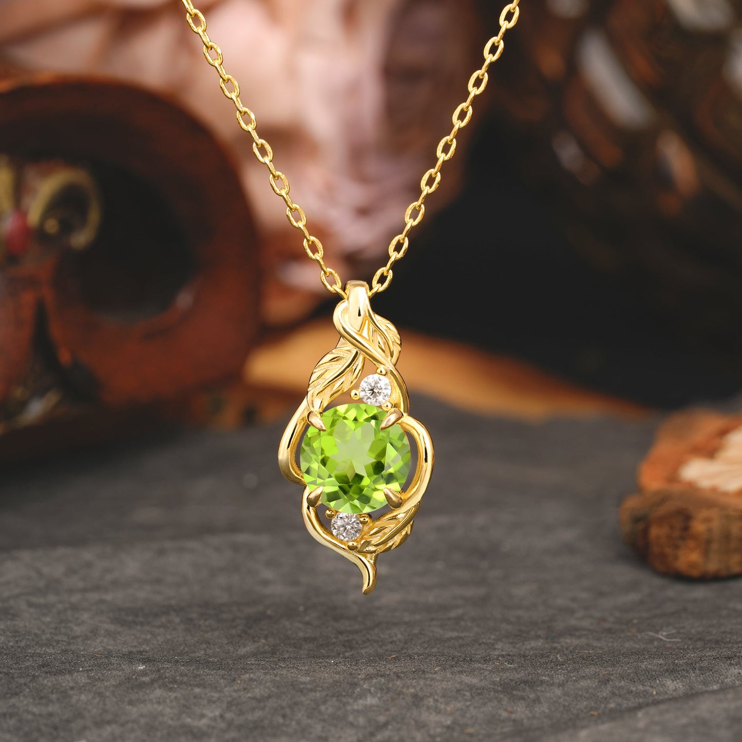 Leaf Themed Round Cut Peridot Pendant Necklace Anniversary Gifts For Women