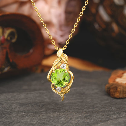 Leaf Themed Round Cut Peridot Pendant Necklace Anniversary Gifts For Women