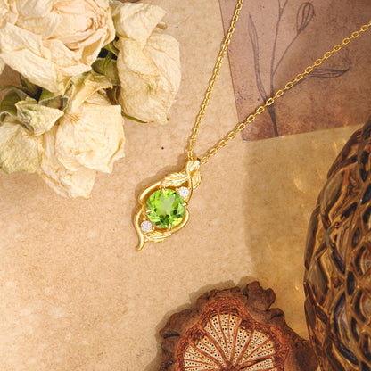 Leaf Themed Round Cut Peridot Pendant Necklace Anniversary Gifts For Women