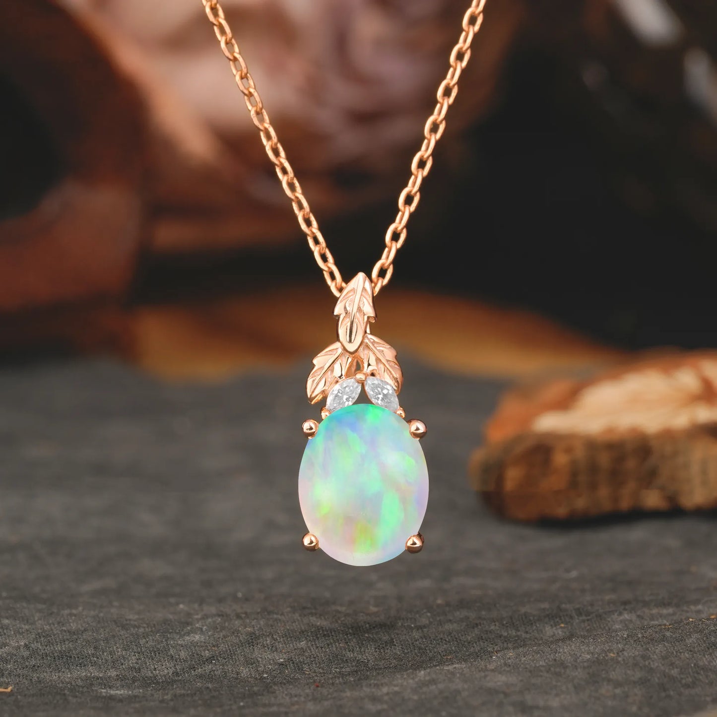 Leaf Accented Oval Cut Opal Pendant Necklace Valentine’s Day Gifts For Women