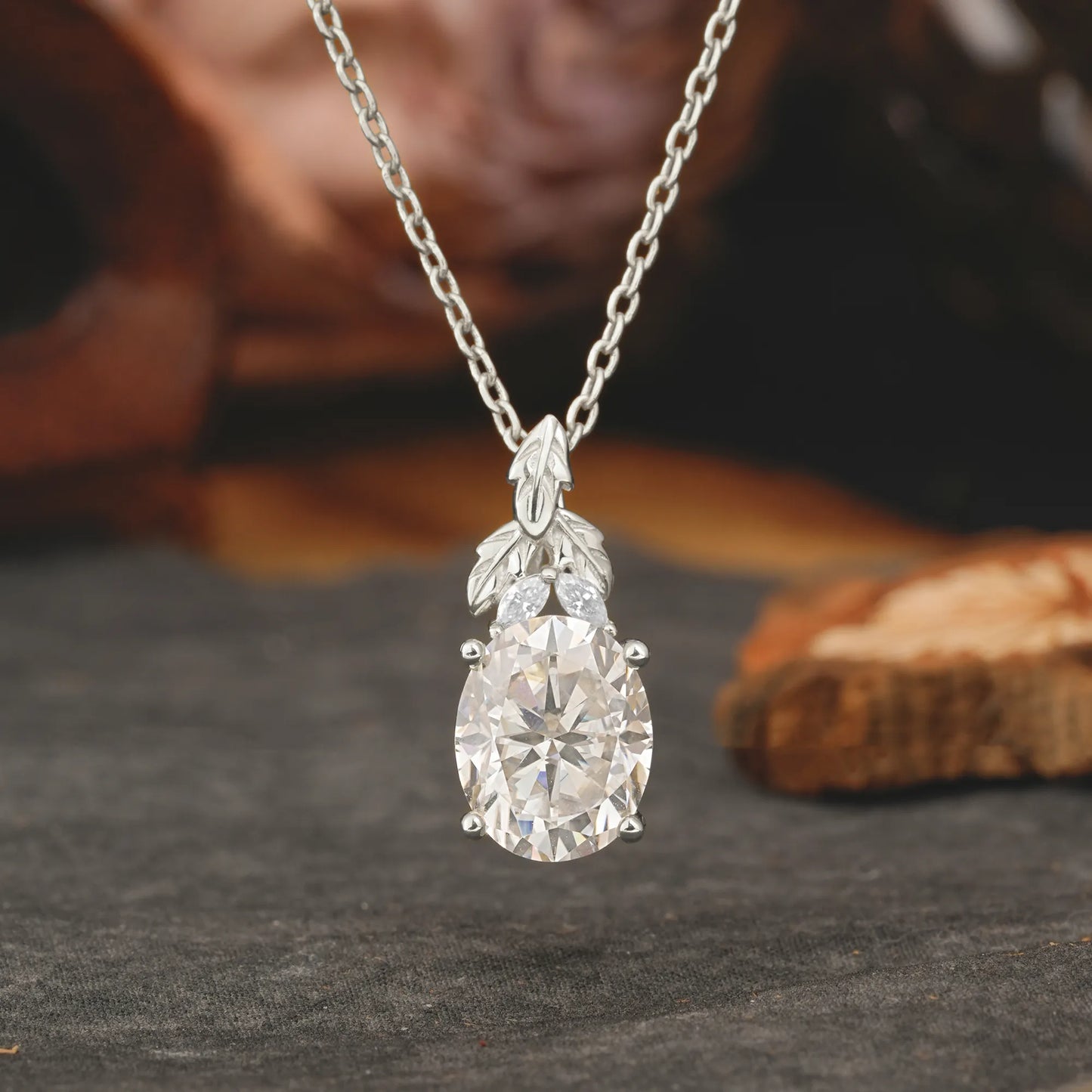 Leaf Accented Oval Cut Moissanite Pendant Necklace Valentine’s Day Gifts For Women