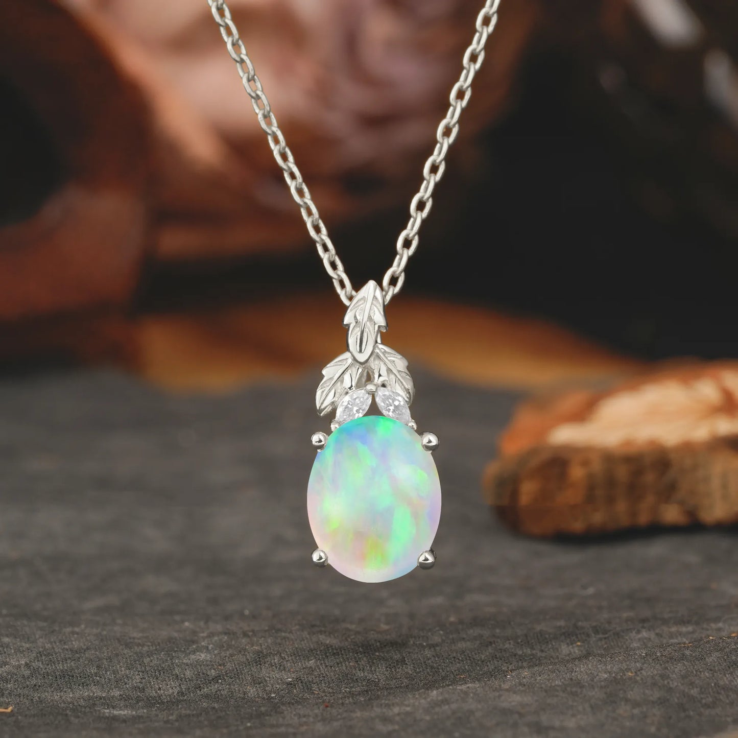 Leaf Accented Oval Cut Opal Pendant Necklace Valentine’s Day Gifts For Women