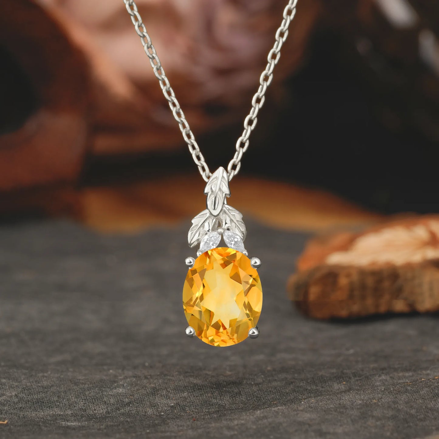 Leaf Accented Oval Cut Citrine Pendant Necklace Valentine’s Day Gifts For Women