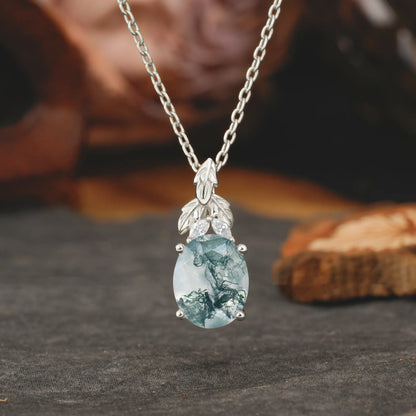 Leaf Accented Oval Cut Moss Agate Pendant Necklace Valentine’s Day Gifts For Women