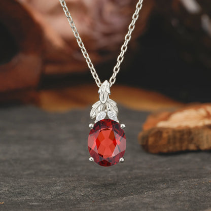 Leaf Accented Oval Cut Garnet Pendant Necklace Valentine’s Day Gifts For Women