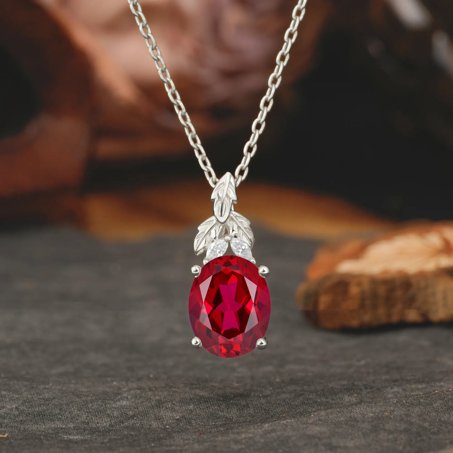 Leaf Accented Oval Cut Ruby Pendant Necklace Valentine’s Day Gifts For Women