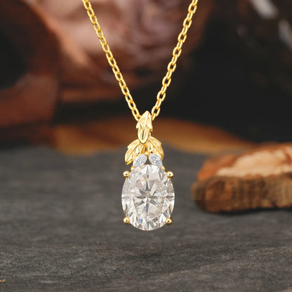 Leaf Accented Oval Cut Moissanite Pendant Necklace Valentine’s Day Gifts For Women