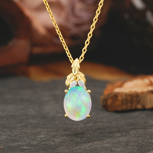 Leaf Accented Oval Cut Opal Pendant Necklace Valentine’s Day Gifts For Women