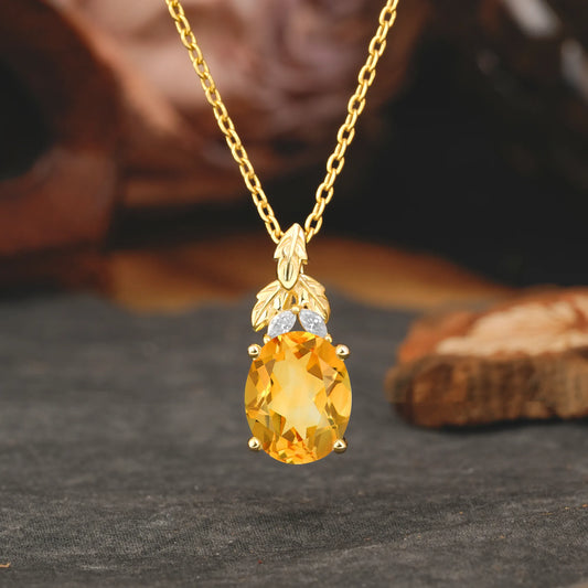 Leaf Accented Oval Cut Citrine Pendant Necklace Valentine’s Day Gifts For Women