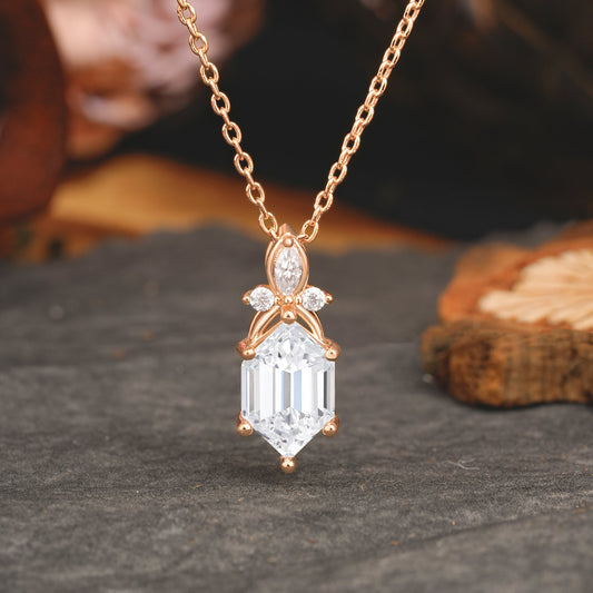 Hexagon Cut Moissanite Pendant Necklace Dainty Jewelry for Women
