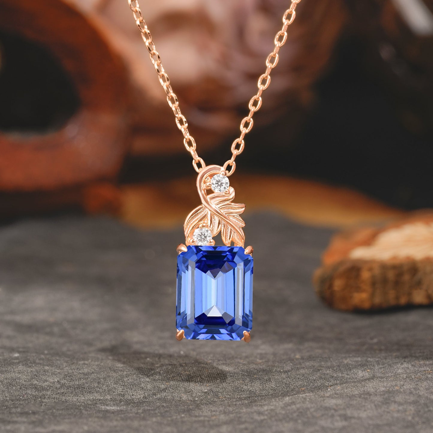Sparkling Emerald Cut Sapphire Pendant Necklace - Leaf Motif Gift for Her