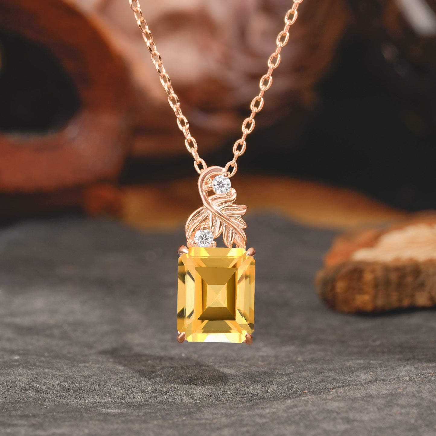 Sparkling Emerald Cut Citrine Pendant Necklace - Leaf Motif Gift for Her