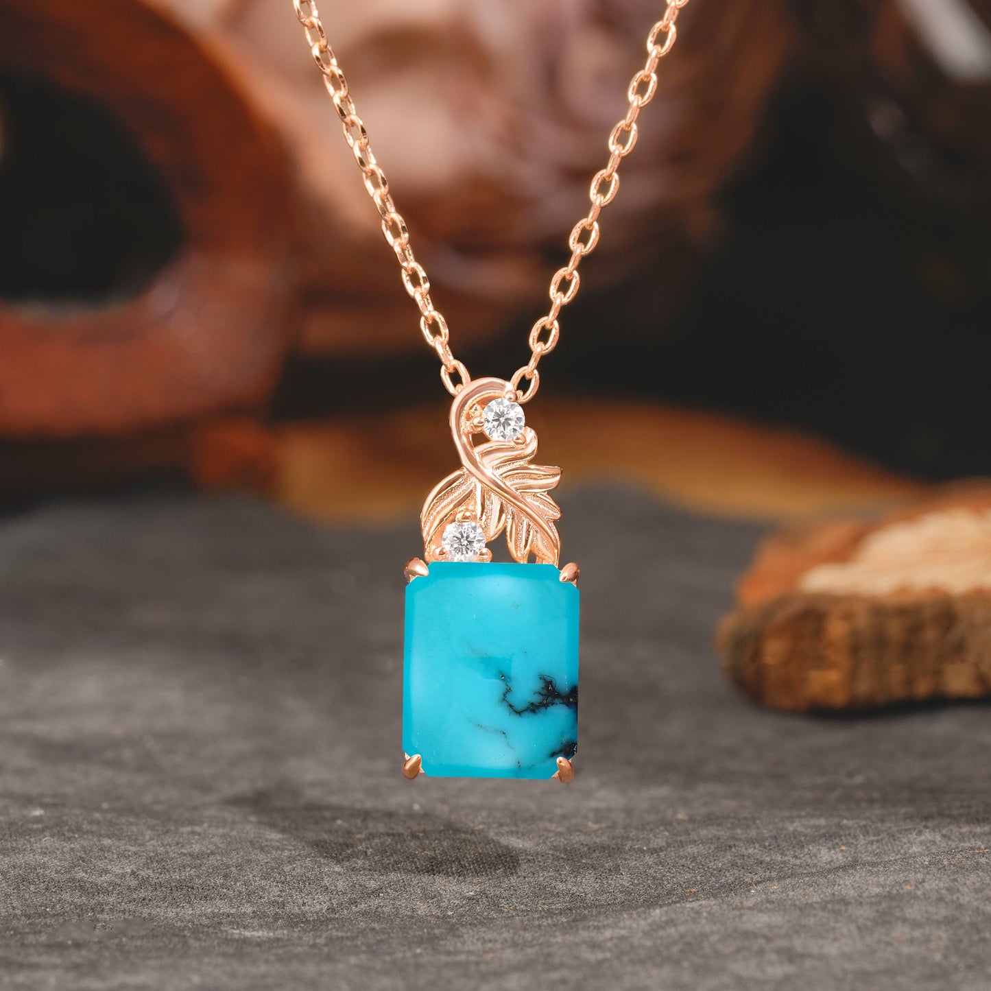 Sparkling Emerald Cut Turquoise Pendant Necklace - Leaf Motif Gift for Her
