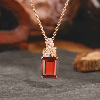 Sparkling Emerald Cut Garnet Pendant Necklace - Leaf Motif Gift for Her