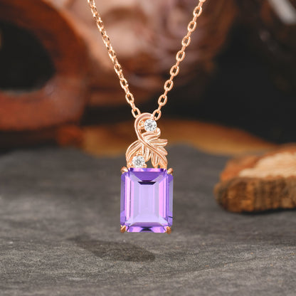 Sparkling Emerald Cut Amethyst Pendant Necklace - Leaf Motif Gift for Her