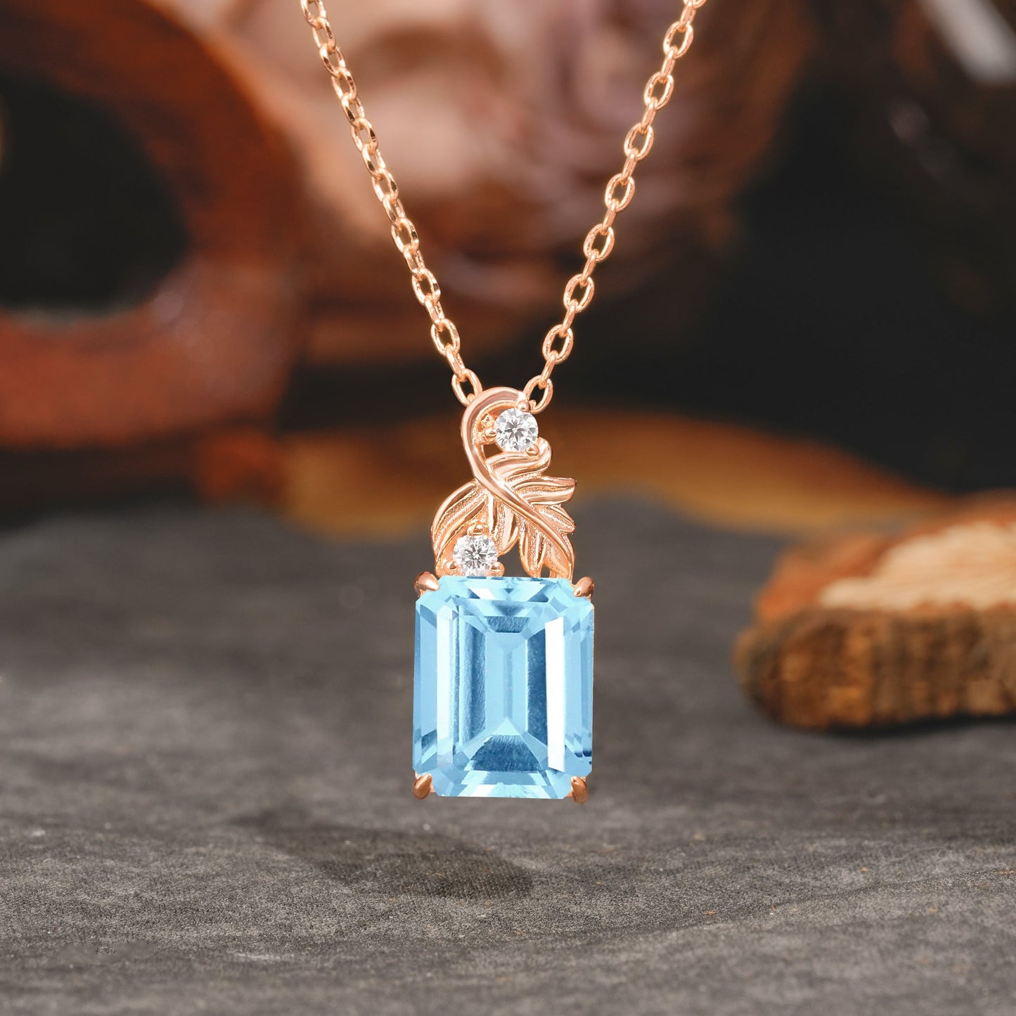 Sparkling Emerald Cut Aquamarine Pendant Necklace - Leaf Motif Gift for Her