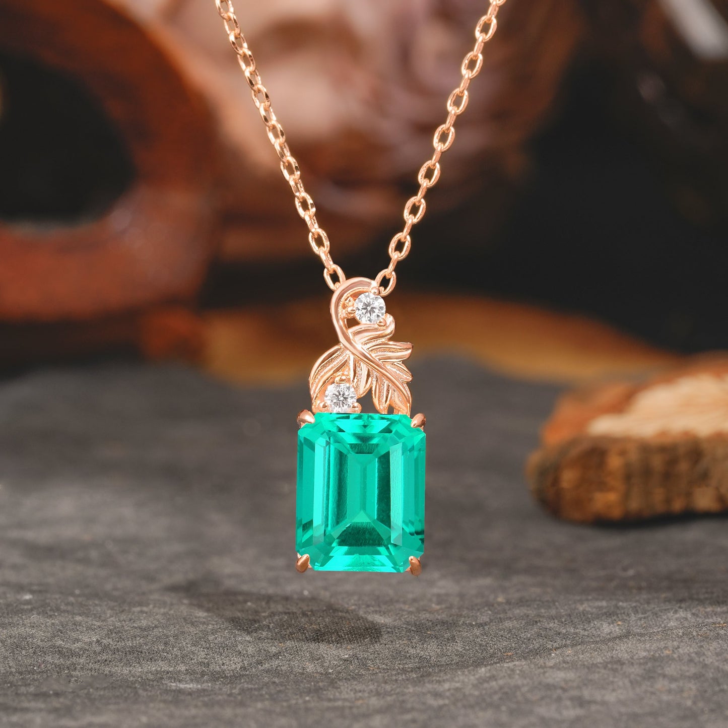 Sparkling Emerald Cut Emerald Pendant Necklace - Leaf Motif Gift for Her